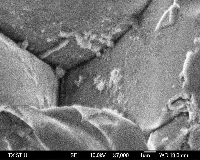 The photograph shows clearly the large grains closely packed together and separated by well-defined grain boundaries. The density of the CCTO ceramic is 94 percent of the maximum theoretical density, indicating the superior nature of the samples. <br/>CREDIT: R. K. Pandey/Texas State University SEM Micrograph of CCTO