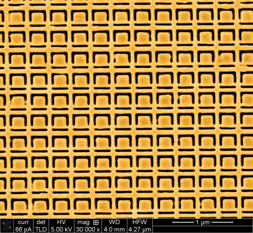This gold metamaterial nanostructure is a nanoscale version of the structure described by the University of Southampton researchers in Applied Physics Letters, and it exhibits large specular optical activity for oblique incidence illumination with light (rather than specular optical activity for microwaves). <br/>CREDIT: Eric Plum, Vassili A. Fedotov, and Nikolay I. Zheludev This gold metamaterial nanostructure is a nanoscale version of the structure described by the University of Southampton researchers in Applied Physics Letters, and it exhibits large specular optical activity for oblique incidence illumination with light (rather than specular optical activity for microwaves).