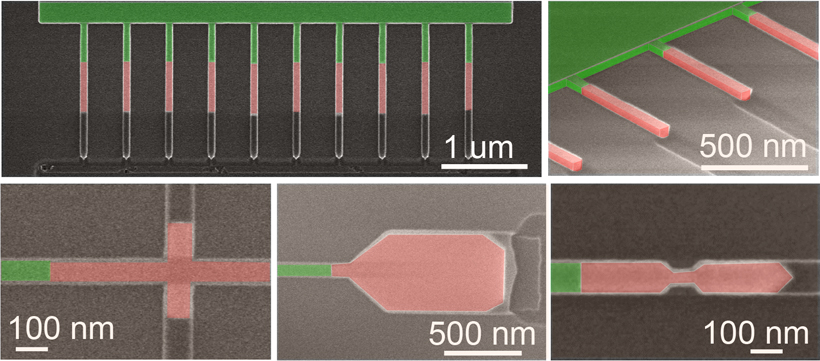 Scanning electron microscope images of single crystal structures fabricated using template-assisted selective epitaxy. For better visibility, the silicon is colored in green, and the compound semiconductor in red. <br/>CREDIT: H. Schmid/IBM Novel approach for compound semiconductor integration on silicon