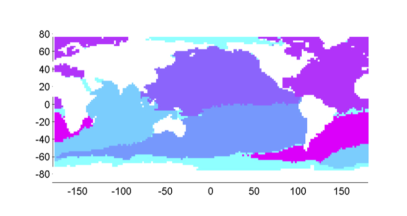 This map shows how researchers from UNSW divided the entire ocean into seven regions whose waters mix very little. The map could yield insights into the formation of giant ocean garbage patches, as well as ocean ecology. <br/>CREDIT: Gary Froyland, Robyn M. Stuart, and Erik van Sebille/UNSW Seven regions of the ocean