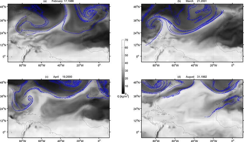 A computer simulation reveals how Langrangian coherent structures can serve as temporary "tracer patterns" for the growth of atmospheric rivers. <br/>CREDIT: Credit: Vicente Perez-Munuzuri/U. Santiago de Compostela A computer simulation reveals how Langrangian coherent structures can serve as temporary "tracer patterns" for the growth of atmospheric rivers.