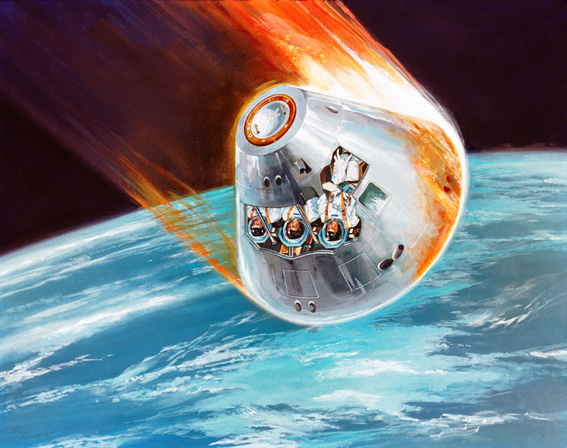 As spacecraft, like the Apollo Command Module depicted in this artist's concept, enter the atmosphere, a plasma sheath engulfs them that can cut off communication signals with the ground. <br/>CREDIT: NASA As spacecraft, like the Apollo Command Module depicted in this artist's concept, enter the atmosphere, a plasma sheath engulfs them that can cut off communication signals with the ground. Credit: NASA