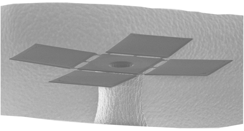 Researchers created microscopic cubes, pyramids, half soccer-ball-shaped bowls and long triangular Toblerone-like structures, all of which fold themselves when wetted by a drop of water. <br/>CREDIT: A. Legrain, et. al, University of Twente Cube pattern