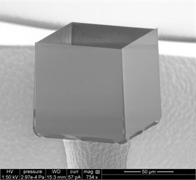 Researchers created microscopic cubes, pyramids, half soccer-ball-shaped bowls and long triangular Toblerone-like structures, all of which fold themselves when wetted by a drop of water. <br/>CREDIT: A. Legrain, et. al, University of Twente Cube
