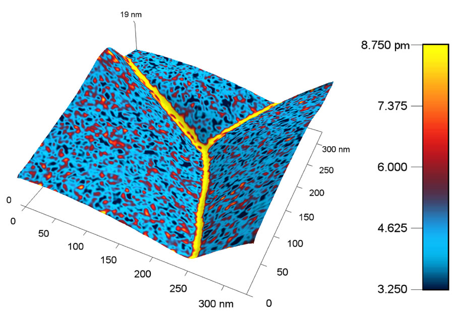 A nanoscale map of the metal ceria produced with the new probe shows a higher response, represented by a yellow color, near the boundary between grains of metal. The higher response corresponds to a higher concentration of charged species. <br/>CREDIT: Ehsan Nasr Esfahani/University of Washington A nanoscale map of the metal ceria produced with the new probe