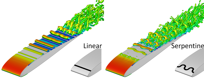 Comparison of turbulent flow structures over an airfoil when a pulsed linear (left) and a serpentine (right) plasma actuator are used to control the flow.