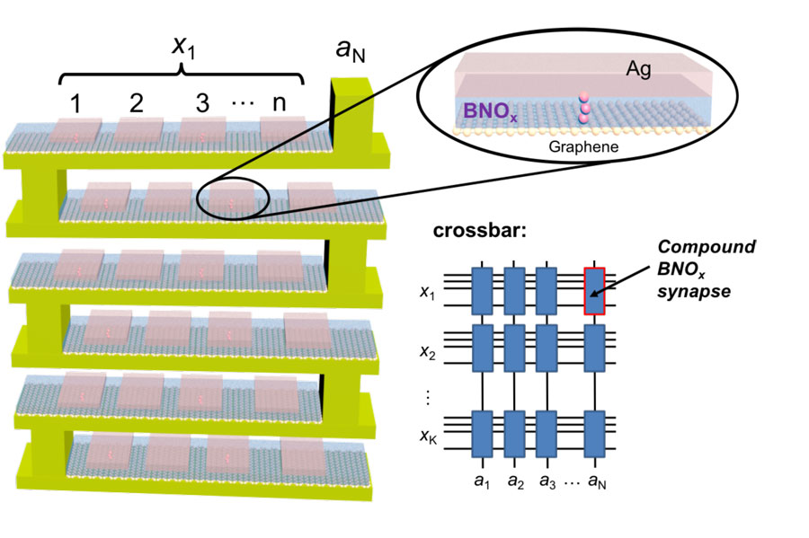 A conceptual schematic of the 3D implementation of compound synapses constructed with boron nitride oxide (BNOx) binary memristors, and the crossbar array with compound BNOx synapses for neuromorphic computing applications. <br/>CREDIT: Ivan Sanchez Esqueda A conceptual schematic of the 3D implementation of compound synapses constructed with boron nitride oxide (BNOx) binary memristors, and the crossbar array with compound BNOx synapses for neuromorphic computing applications. Credit: Ivan Sanchez Esqueda