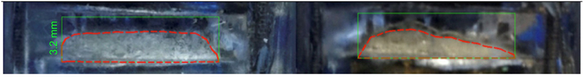 Naked-eye observation of in-situ lithium dendrites created at i = 2mA. cm−2 for t = 24hrs (a) before and (b) after submerging in the oil bath of T = 78C for t = 48hrs. The filled area fraction has been reduced from 64 percent and 41 percent. <br/>CREDIT: Asghar Aryanfar Caption: Naked-eye observation of in-situ lithium dendrites created at i = 2mA. cm−2 for t = 24hrs (a) before and (b) after submerging in the oil bath of T = 78C for t = 48hrs. The filled area fraction has been reduced from 64 percent and 41 percent. Credit: Asghar Aryanfar