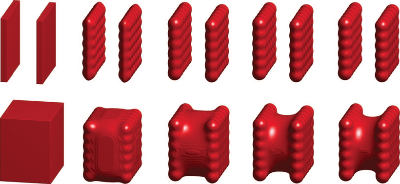 Snapshots from numerical relaxation of the two-plate system. A red region indicates the solute region without solvent. <br/>CREDIT: Reproduced from The Journal of Chemical Physics. See: http://dx.doi.org/10.1063/1.4812839 Solvation
