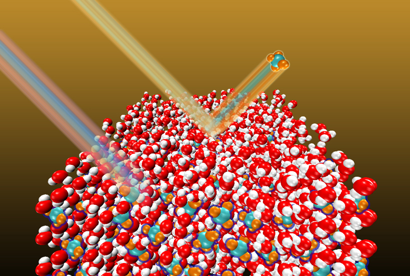 This illustration shows energetic gas phase molecules interacting with an ice surface, including the channel by which high-velocity molecules directly embed beneath the surface. <br/>CREDIT: Grant Langlois, Wenxin Li/University of Chicago Stable Embedding of Gas Molecules in Ice