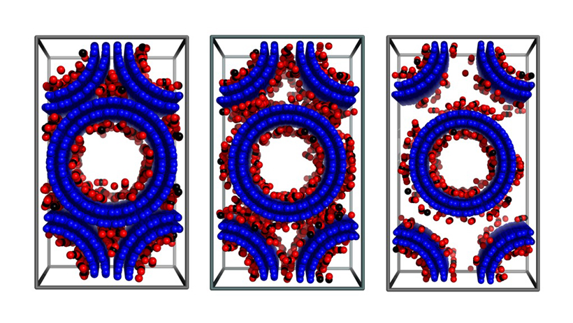 Snapshots of CO<sub>2</sub> adsorption in double-walled carbon nanotube arrays (with an inner tube diameter of 2r=3 nanometers and various inter-tube distance at T=303 K and p=1 bar). <br/>CREDIT: Rahimi/Babu Snapshots of CO2 adsorption in double-walled carbon nanotube arrays (with an inner tube diameter of 2r=3 nanometers and various inter-tube distance at T=303 K and p=1 bar). Credit: Rahimi/Babu