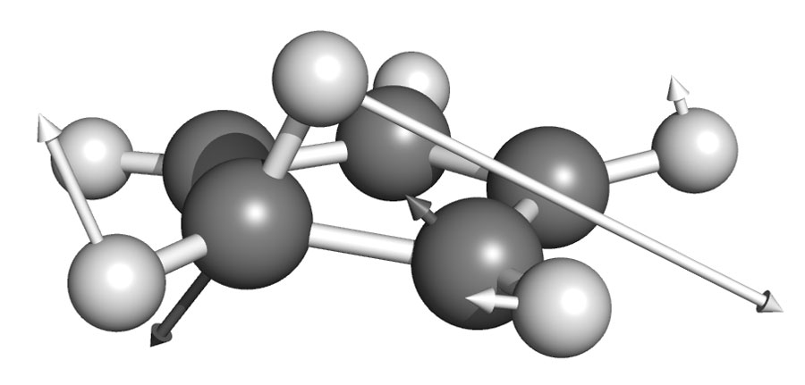 Molecular configuration of the optimal BBP of the 1, 2-sigmatropic H-shift rearrangement of cyclopentadiene. The arrows correspond to the components of the gradient at this point. <br/>CREDIT: AIP Publishing Molecular configuration of the optimal BBP of the 1, 2-sigmatropic H-shift rearrangement of cyclopentadiene. The arrows correspond to the components of the gradient at this point. Credit: AIP Publishing