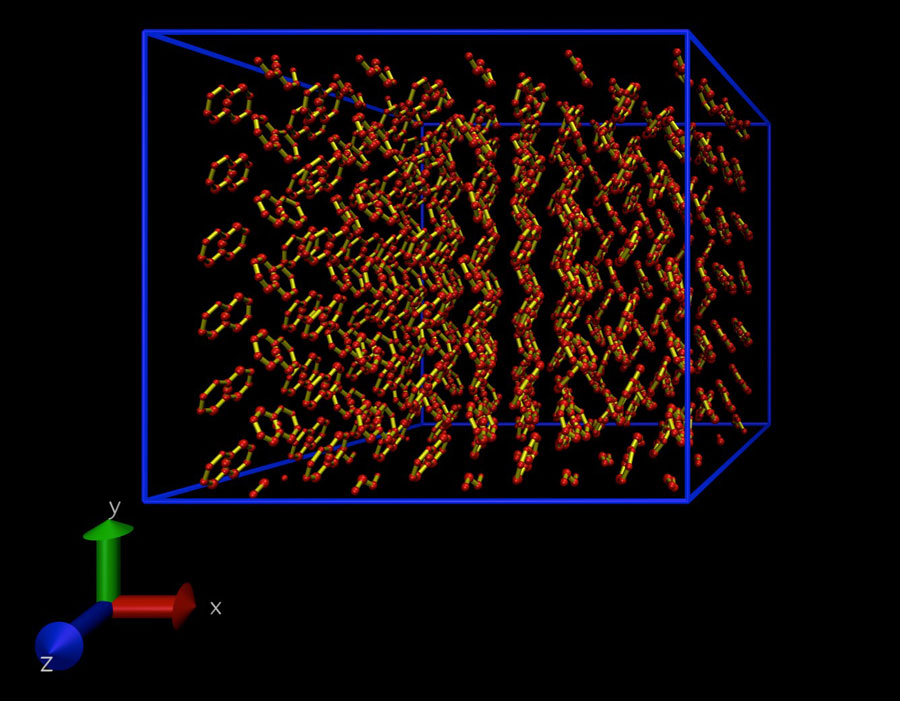 A snapshot from a Molecular Dynamics simulation of an atomistic model of a naphthalene crystal. This crystal is periodically repeated in all directions, to eliminate surface effects. <br/>CREDIT: Daan Frenkel, University of Cambridge A snapshot from a Molecular Dynamics simulation of an atomistic model of a naphthalene crystal. This crystal is periodically repeated in all directions, to eliminate surface effects. Credit: Daan Frenkel, University of Cambridge
