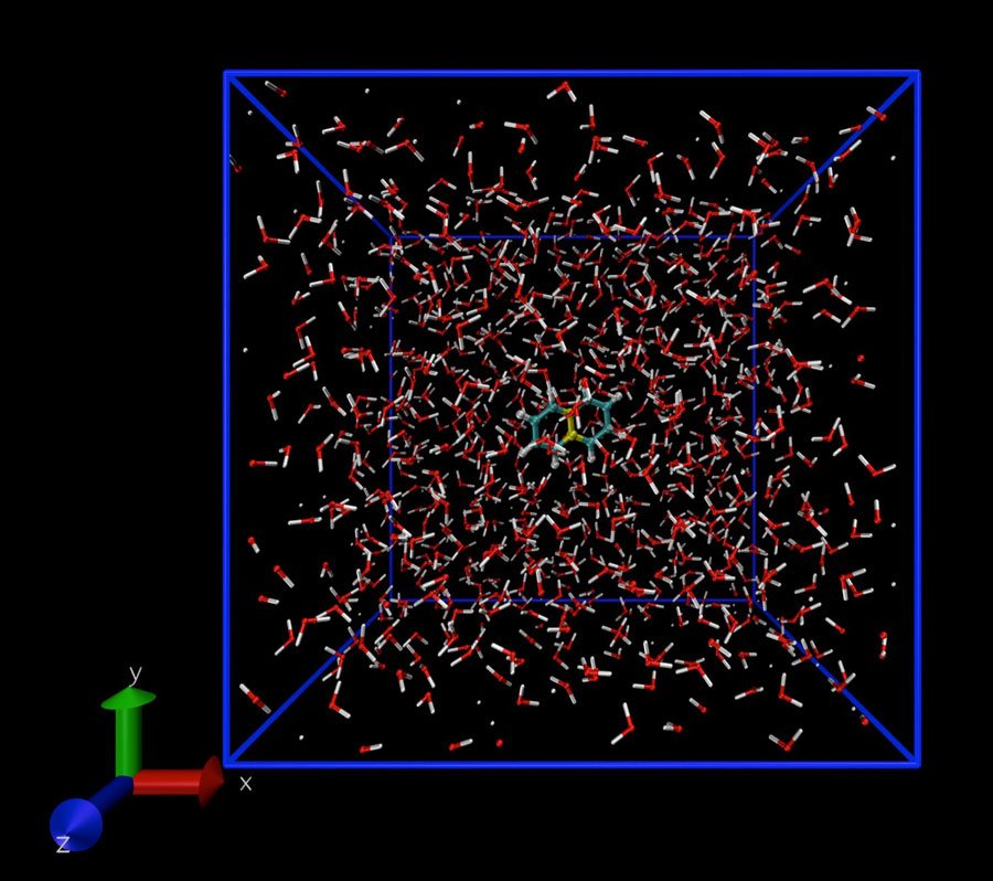 A snapshot from a Molecular Dynamics simulation showing a single naphthalene molecule, dissolved in water. The simulation technique makes it possible to compute the concentration of naphthalene molecules in water at the solubility limit. <br/>CREDIT: Daan Frenkel, University of Cambridge A snapshot from a Molecular Dynamics simulation showing a single naphthalene molecule, dissolved in water. The simulation technique makes it possible to compute the concentration of naphthalene molecules in water at the solubility limit. Credit: Daan Frenkel, University of Cambridge
