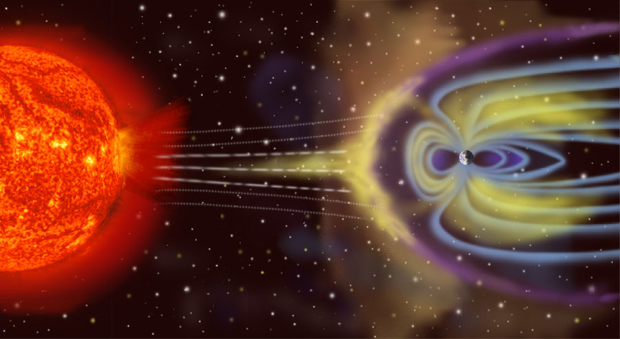 Artist's depiction of solar wind particles interacting with Earth's magnetosphere. Sizes are not to scale. <br/>Credit: NASA via <a href="https://commons.wikimedia.org/w/index.php?curid=192450">Wikicommons</a> Artist's depiction of solar wind particles interacting with Earth's magnetosphere. Sizes are not to scale. CREDIT: NASA
