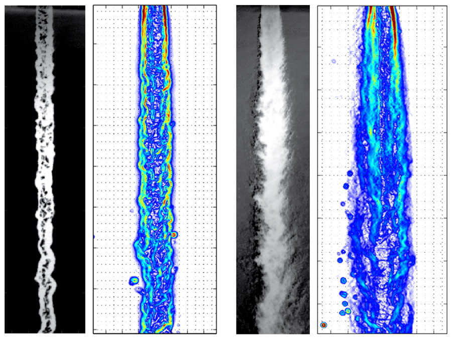 Suggested caption (adapted from those mentioned above): Shadowgraph images with PLIF density gradient maps of a subcritical injection into an environment of subcritical conditions compared with the two imaging results for injection with all conditions supercritical. <br/>CREDIT: DeSouza and Segal Suggested caption (adapted from those mentioned above): Shadowgraph images with PLIF density gradient maps of a subcritical injection into an environment of subcritical conditions compared with the two imaging results for injection with all conditions supercritical. CREDIT: DeSouza and Segal