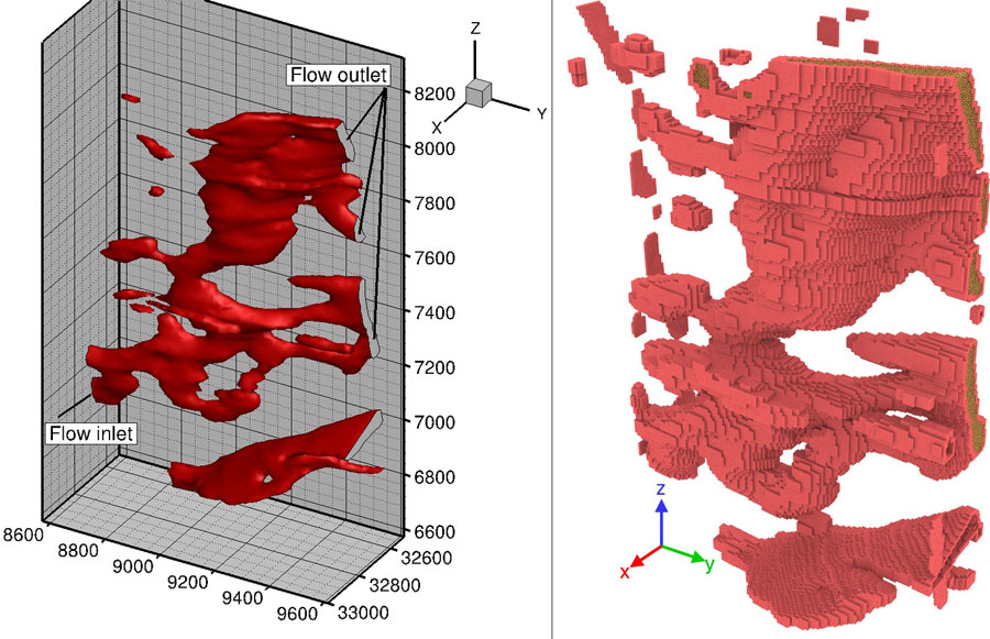 The pore network of the Woodford shale sample (left) and the fluid that fills the pores according to the computer model (right). Credit: Yidong Xia