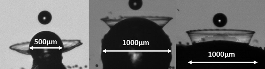 Examples of initiation of crown rim instability. By the time the instability has appeared on the crown rim, the original droplet has collapsed on the particle. <br/>CREDIT: Hardalupas and Charalampous Examples of initiation of crown rim instability. By the time the instability has appeared on the crown rim, the original droplet has collapsed on the particle. CREDIT: Hardalupas and Charalampous