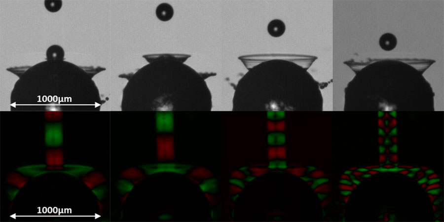 Example of the droplet impingement sequence <br/>Top row: Example images from the dataset. <br/>Bottom row: Showing progressively finer details of the droplet-particle impingement process. <br/>CREDIT: Hardalupas and Charalampous Example of the droplet impingement sequence Top row: Example images from the dataset. Bottom row: Showing progressively finer details of the droplet-particle impingement process. CREDIT: Hardalupas and Charalampous