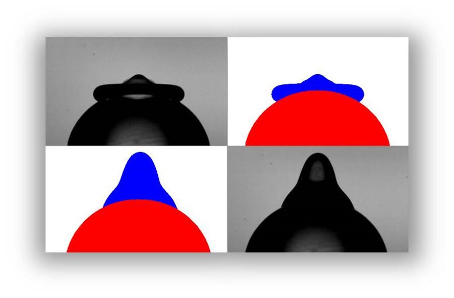 Contact angles at different stages <br/>Top: spreading <br/>Bottom: retracting <br/>CREDIT: Simeng Chen Contact angles at different stages - Top: spreading; Bottom: retracting Credit: Simeng Chen