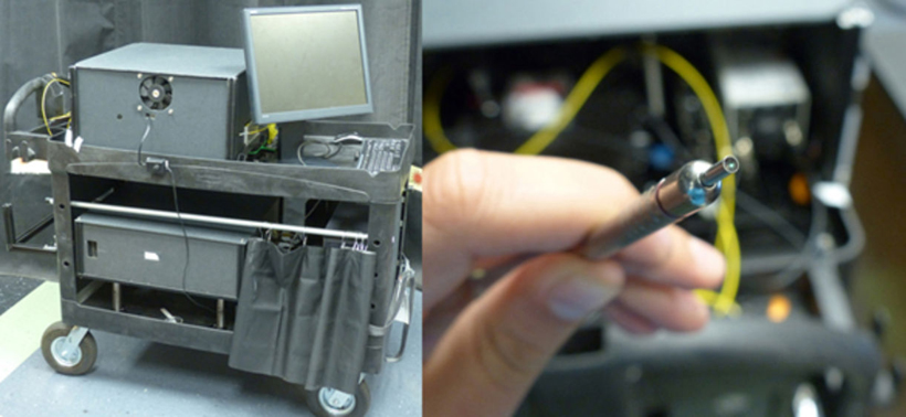 This photo shows the entire 3-in-1 spectroscopy system on an easily transportable utility cart. The right photo shows the probe in more detail. <br/>CREDIT: M.Sharma, J.Tunnell/UT Austin Photo of the 3-in-1 cancer probe