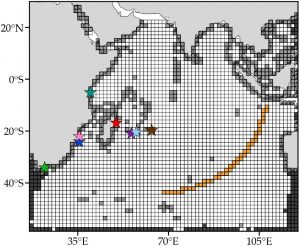 The Indian Ocean is covered of boxes forming the Markov chain models constructed using satellite-tracked drifter buoys to describe the motion of marine debris produced by the crash of Malaysia Airlines Flight MH370. CREDIT: Philippe Miron