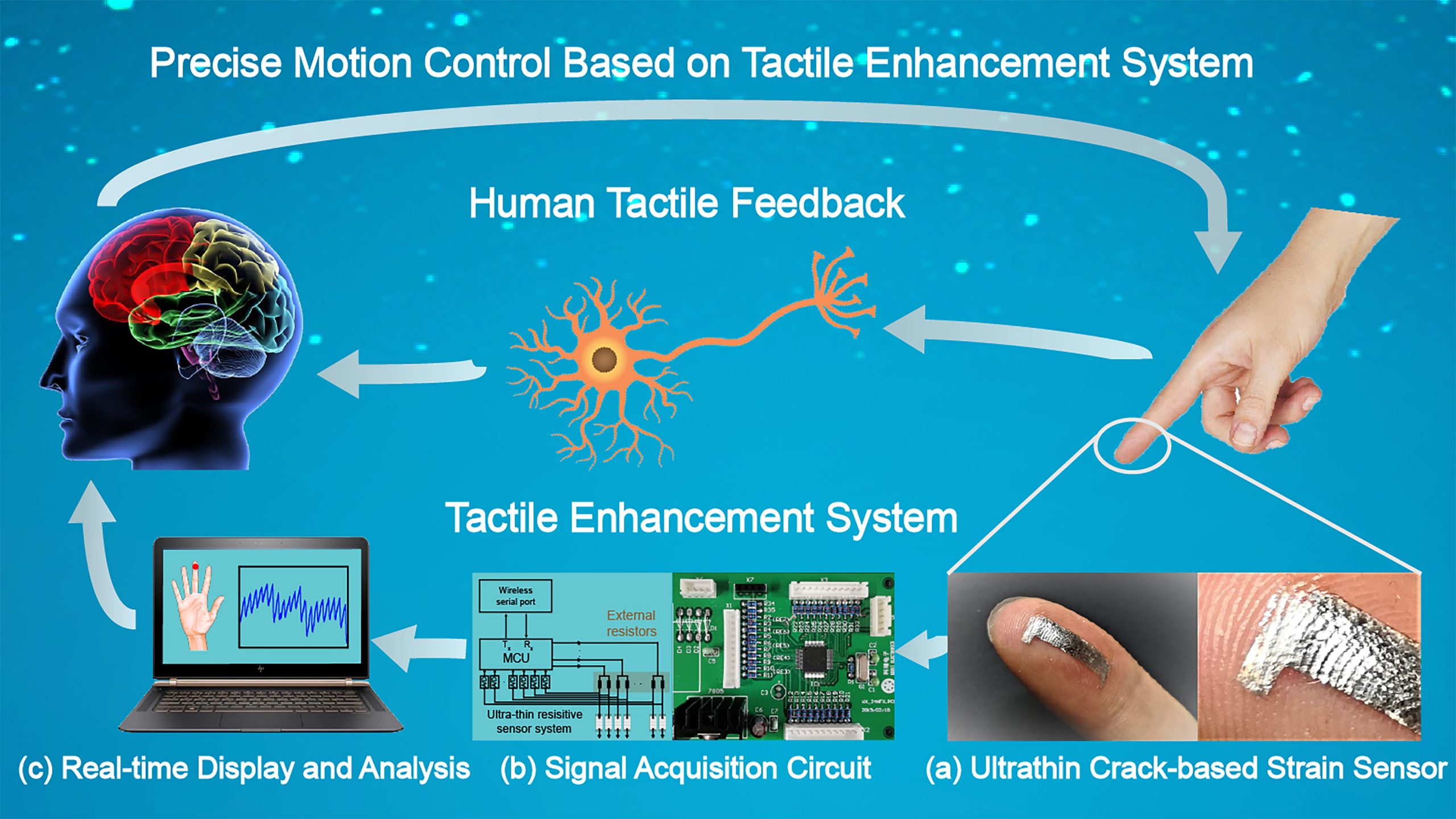 The visually aided tactile enhancement system, VATES, applied for precise motion control. The ultrathin highly sensitive crack-based sensor, signal acquisition circuit and real-time display system are used to realize the induction of tiny deformations. Ultrathin sensors exceed human skin sensitivity and do not disturb the human skin's tactile sensation. A real-time display can be used as a supplement to assist a person’s tactile sensation. CREDIT: Rongrong Bao