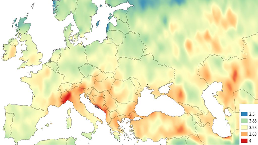 Spatial distribution of the ratio of power to storage days for solar energy sources when storage is increased from 2 to 5 days. CREDIT: Jacek Kapic