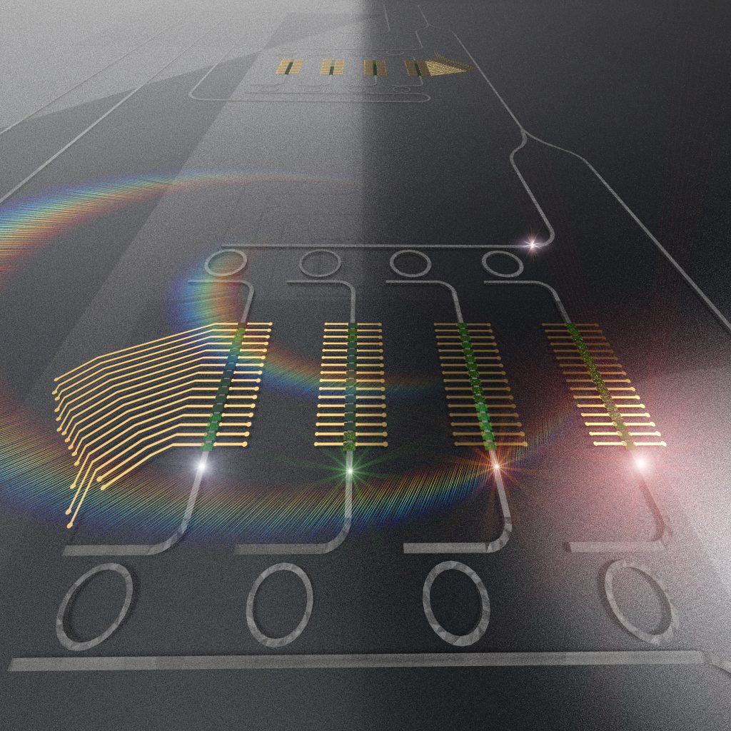 The photonic tensor core performs vector-matrix multiplications by utilizing the efficient interaction of light at different wavelengths with multistate photonic phase change memories. CREDIT: Mario Miscuglio