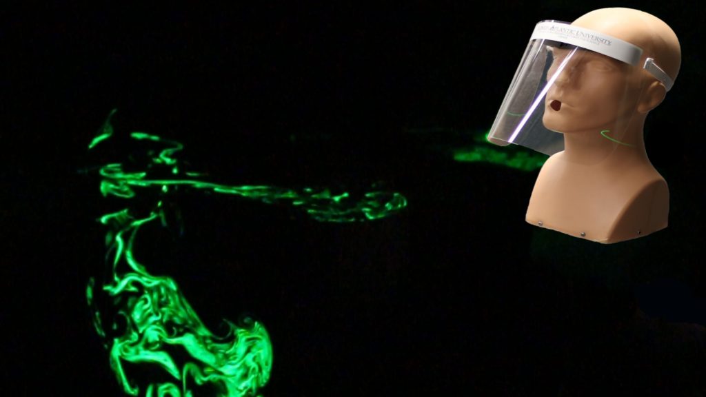 Far-field view of a droplet spread when a face shield is used to impede the jet, 2.97 seconds after the initiation of the emulated cough. CREDIT: Siddhartha Verma, Manhar Dhanak, John Frankenfield