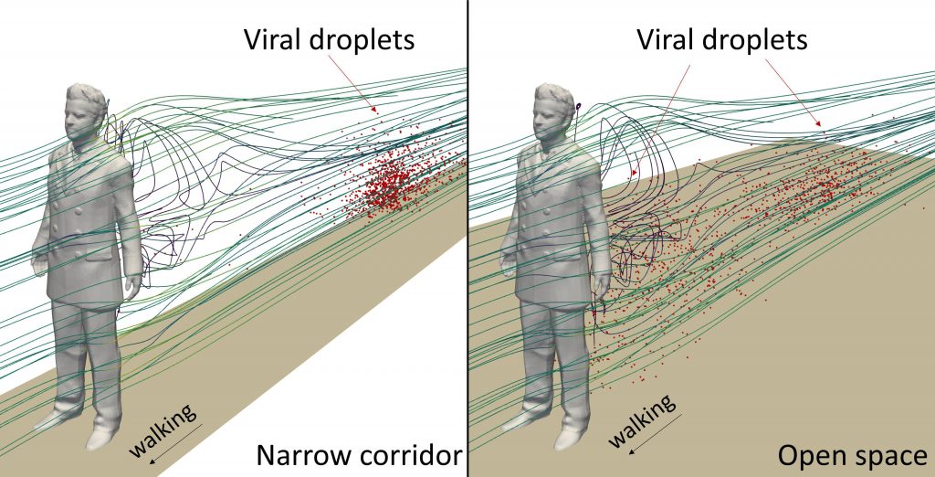 The cough-generated droplets from a walking individual disperse differently in a narrow corridor and an open space. In an open space, the droplets are dispersed in a large range attached to the person; in narrow corridors, the droplets are concentrated in a small bubble and are left further behind. CREDIT: Xiaolei Yang