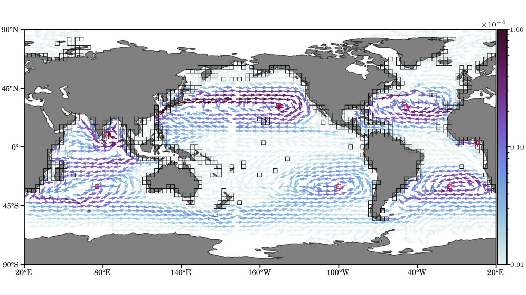 Inferred reactive probability currents of marine debris into garbage patches (red boxes). Black boxes indicate coastal boxes from which those currents emerge. The color of the arrows represents the probability of the transition route. CREDIT: Philippe Miron, Francisco Beron-Vera, Luzie Helfmann, and Peter Koltai