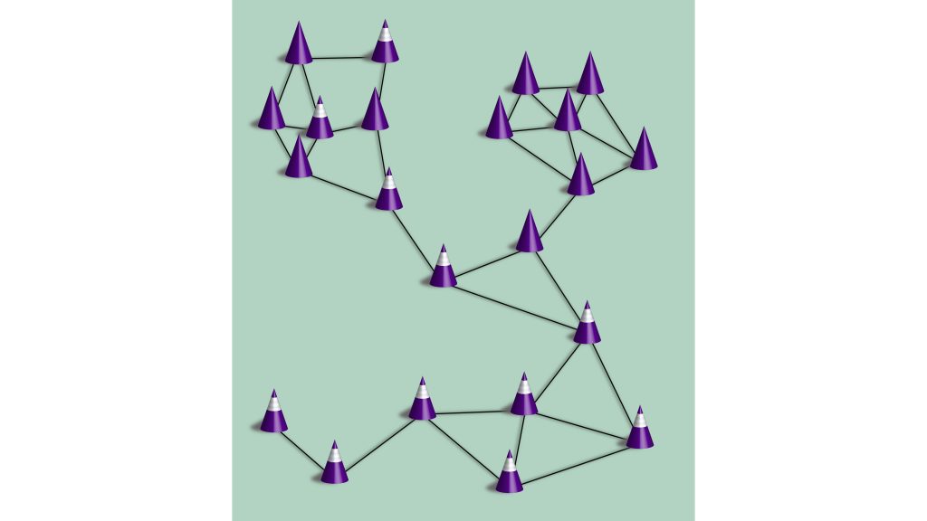 Illustration of a network of contacts to show the spreading of COVID-19 in a population where a fraction of the individuals (cones) wear masks and practice social distancing (cones with white stripes). CREDIT: Anna Sawulska and Maurizio Porfiri