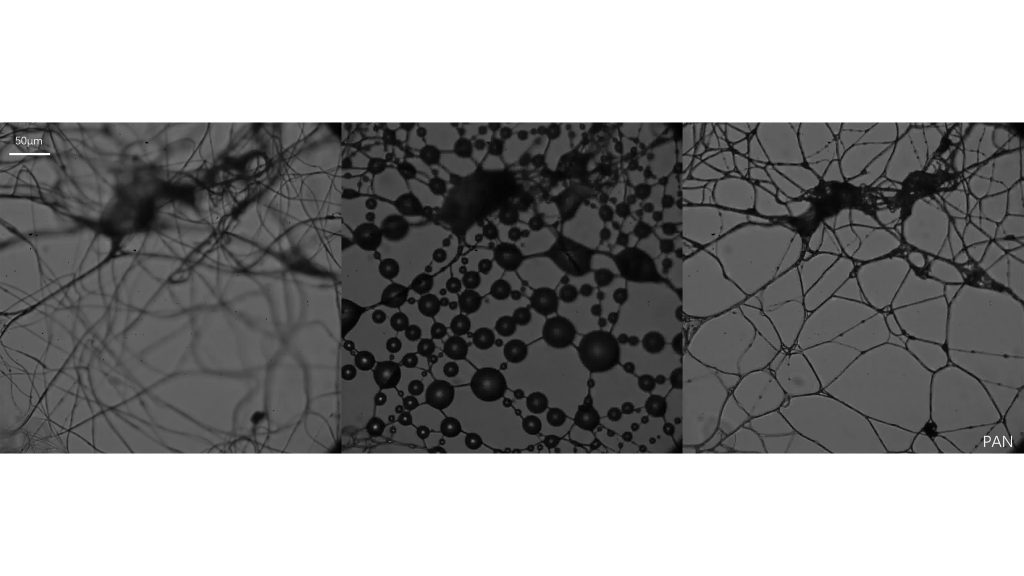 Polyacrylonitrile nanofiber mesh before (left), during (middle), and after (right) capturing water aerosols. The mesh becomes coarser as some nanofibers stick together after the captured water droplets are fully evaporated. CREDIT: Southern University of Science and Technology, Shenzhen, China
