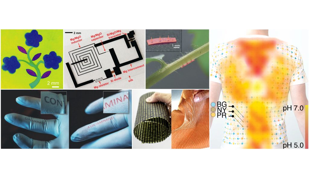 Silk is used in nanopatterns, electronic devices, food sustainability, wearable sensors, bacterial contamination sensing, and additive manufacturing. CREDIT: Guidetti et al.