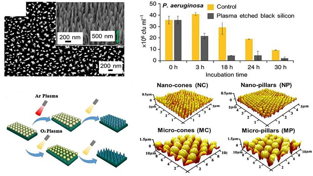 Plasma-etched nanostructured anti-bacterial surfaces. CREDIT: Copyright 2020 Elsevier.