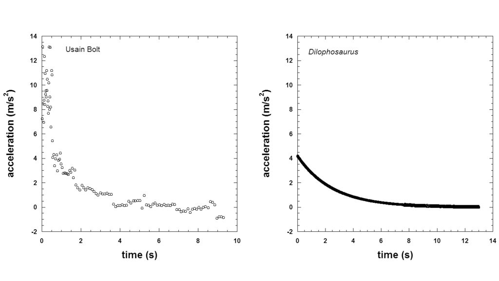 The acceleration (measured in meters/second2) of Usain Bolt (left) and Dilophosaurus (right) during the 100-meter race. CREDIT: Scott Lee