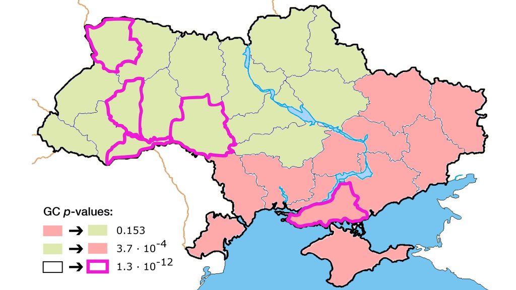 A map of Ukraine, with green and red regions marking pro-West and pro-Russian, but the purple outlined regions are more relevant to the war. CREDIT: Massimiliano Zanin and Johann H. Martínez