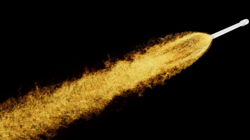 Rocket exhaust plume at 30 km as obtained by high-resolution computational fluid dynamics simulations. Temperature varies from 680 K (dark yellow) to 2,400 K (bright yellow). CREDIT: Ioannis Kokkinankis, Dimitris Drikakis, University of Nicosia, Cyprus