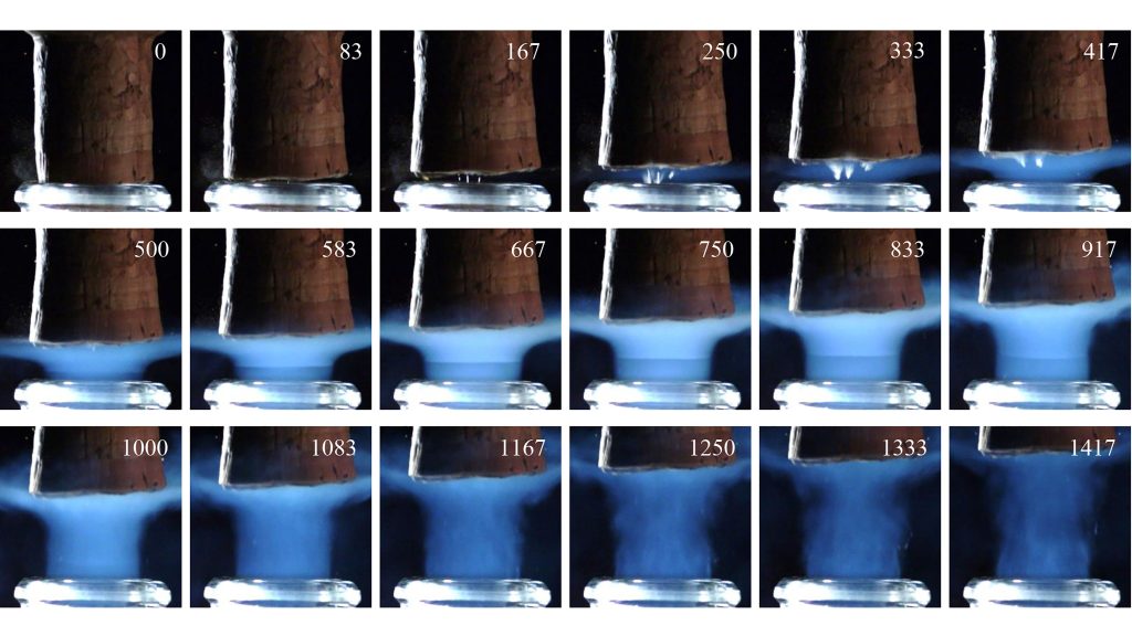 Time sequence showing details of a cork expelled from a champagne bottleneck stored at 20 degrees Celsius captured through high-speed imaging. CREDIT: Gérard Liger-Belair