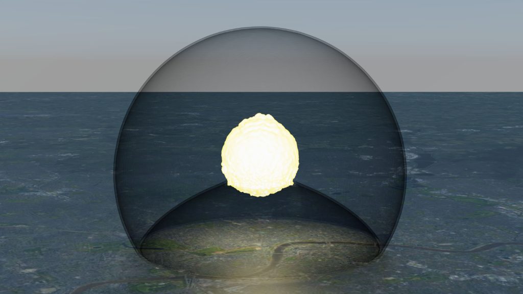 3D illustration of the simulated air blast and generated blast wave 10 seconds following the detonation of a 750 kT nuclear warhead above a typical metropolitan city; the radius of the shock bubble at ground level is 4.6 km. Credit: I. Kokkinakis and D. Drikakis, University of Nicosia, Cyprus