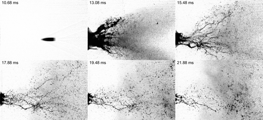 High-speed images show a rifle bullet impacting blood, followed by back spatter (toward the shooter) which interacts with the oncoming muzzle gases. This interaction leads to a change in direction where droplets can be directed back to the target, or even beyond the target. Credit: James Michael, Iowa State University