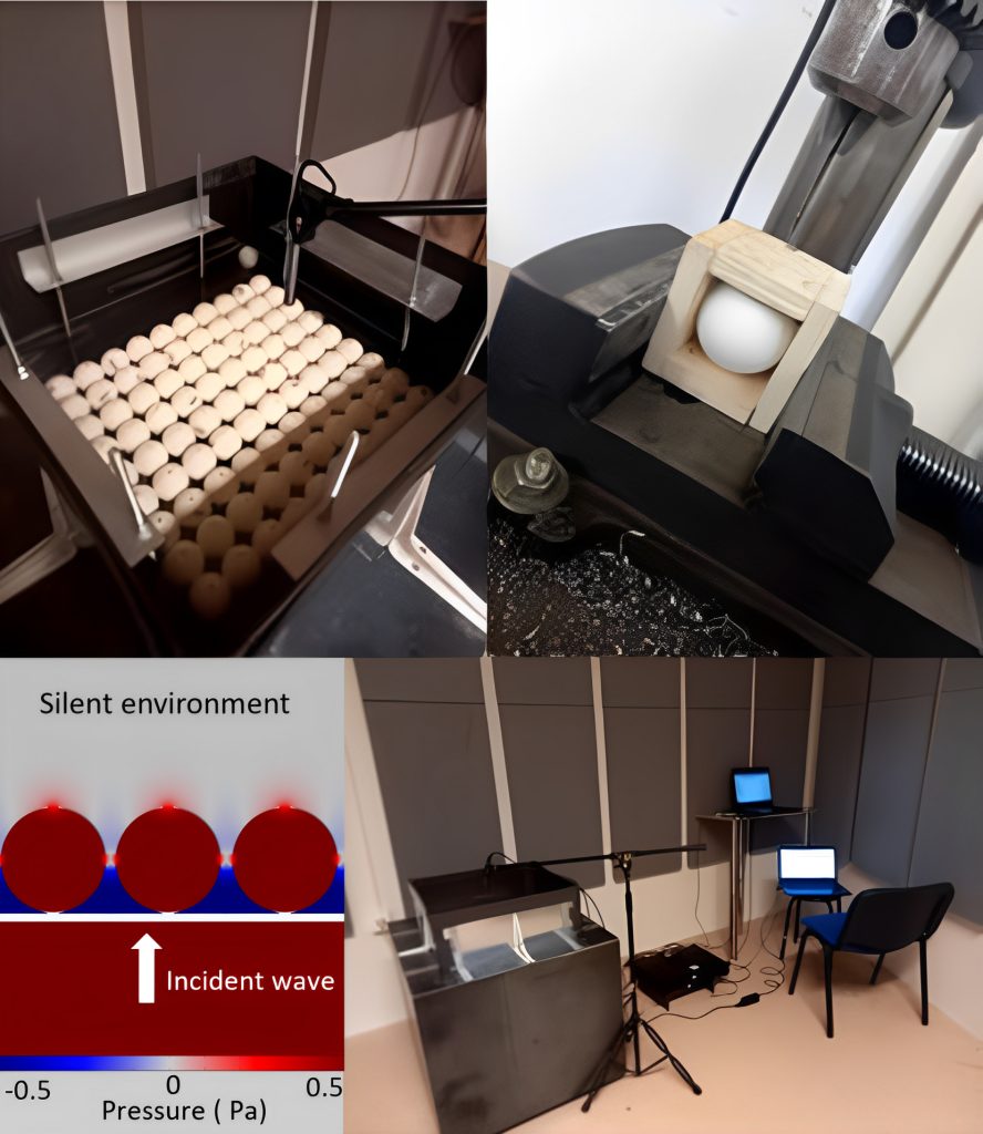 Top left: An array of pingpong balls fitted into the bottom of a metal unit. Top right: A machine ready to puncture a pingpong ball. Bottom left: Diagram of acoustic metasurface of pingpong balls and measurement of resonance. Bottom right: Experimental setup of pingpong balls in box and microphone, with a computer to record.