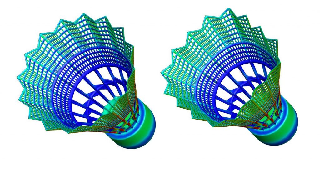Two badminton birdies side by side. On the left, the birdie is at rest. On the right, the birdie's skirt (at speed) has deformed into a square.