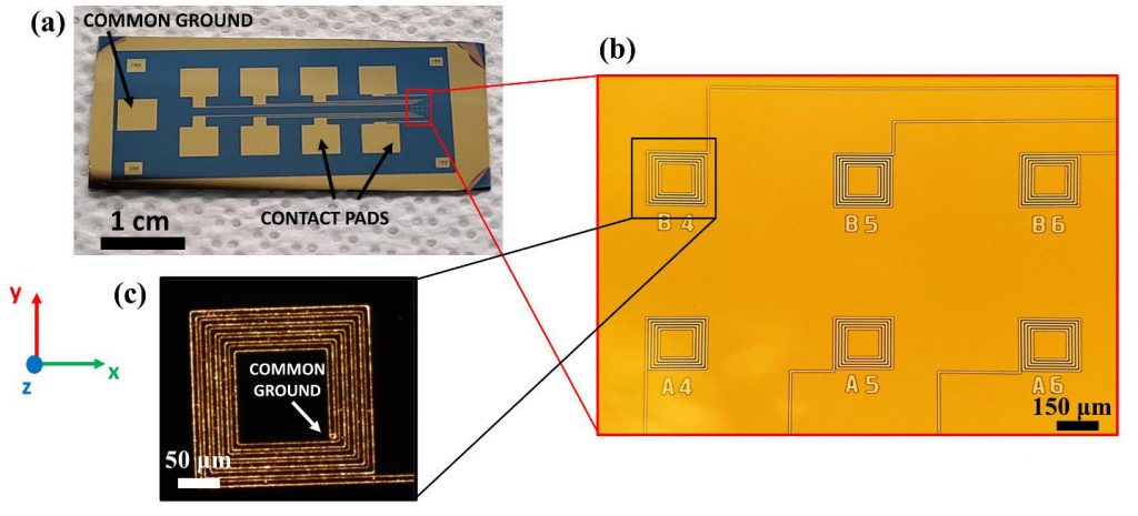 A microscopic view of the MagPatch array showing six of the eight microcoils used for nerve stimulation. Credit: Saha et al.