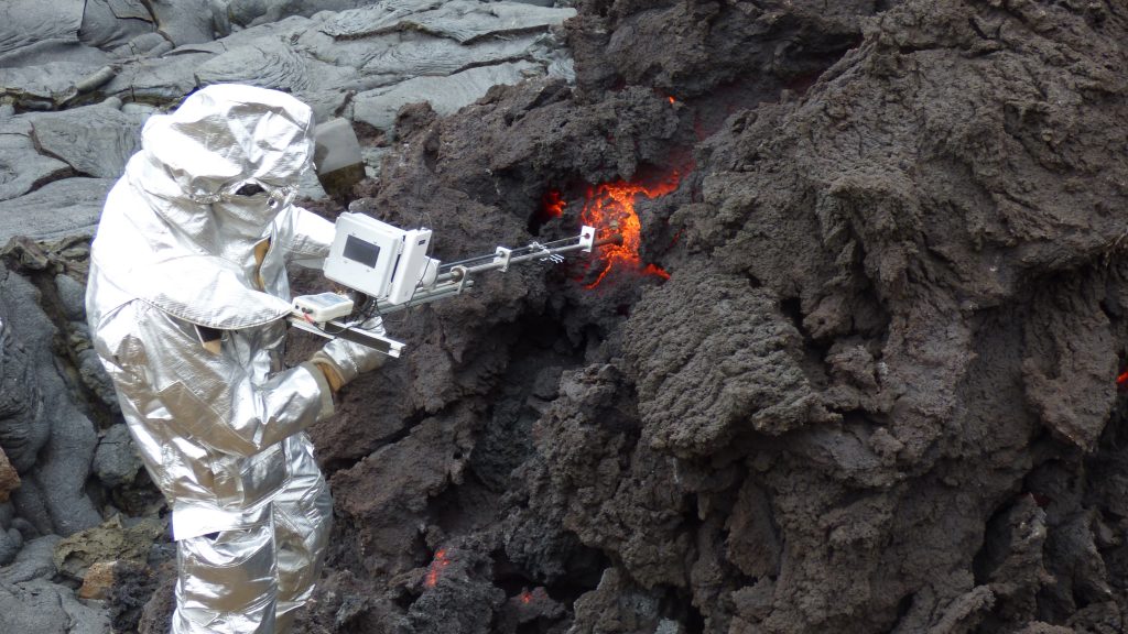 In a field test of their instrument, University at Buffalo researchers gathered viscosity data from lava flows at the Litli-Hrútur eruption in Iceland. Credit: Martin Harris