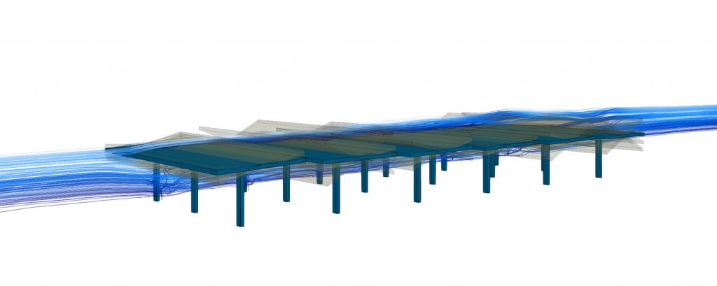 Individual panels in a photovoltaic park orient separately to minimize wind damage. Credit: Michel et al.