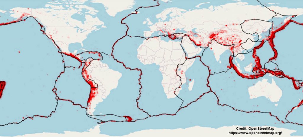 Illustration of the earthquake catalogs analyzed. Earthquakes are shown as semitransparent red dots, and plate boundaries are shown in black. Image credit: OpenStreetMap, https://www.openstreetmap.org/