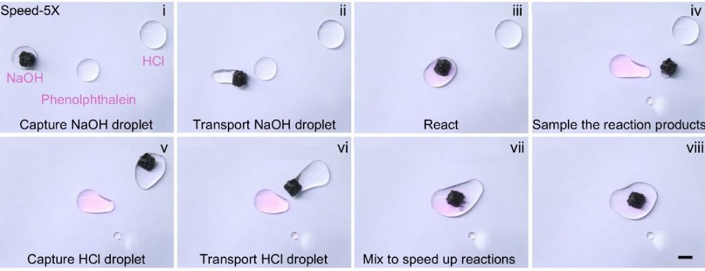 A magnetic microrobot pulls fluid droplets together, triggering a chemical reaction. Credit: Sun et al.