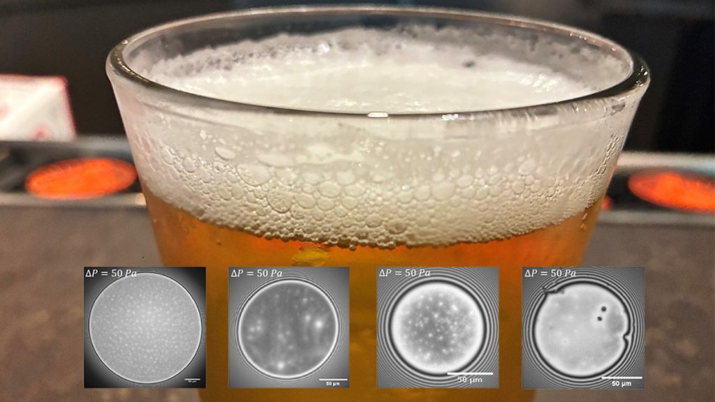 Wave interference (interferometry) images of beer bubbles, superimposed onto a glass of foamy beer. Credit: AIP/Chatzigiannakis et al. 